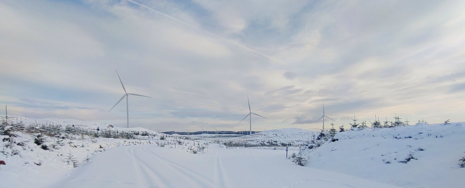 Snow covered track through an onshore wind farm in winter, turbines on the skyline